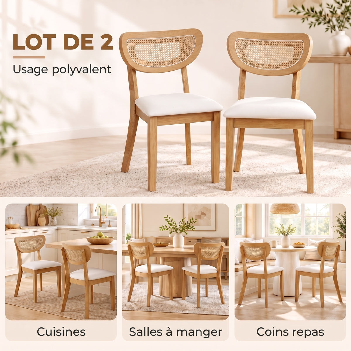 Juego de 2 sillas de comedor, sillas de cocina tapizadas en lino, respaldo con efecto ratán y patas de madera de caucho, beige