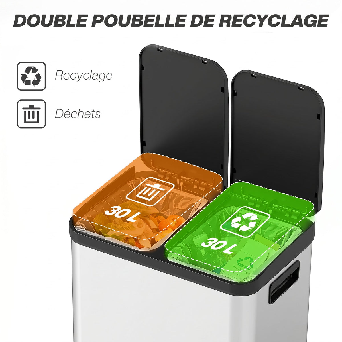 Poubelle de cuisine à double compartiment 2 x 30L avec pédale en acier inoxydable, couvercle à fermeture douce, argent