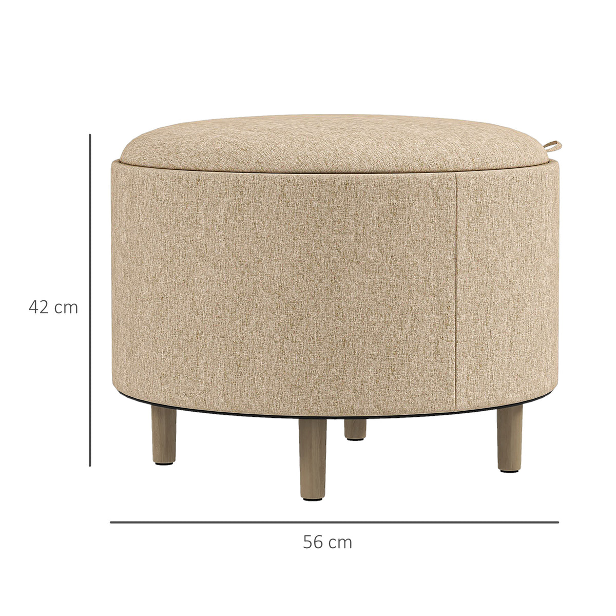 Pouf rotondo poggiapiedi sgabello con vano contenitore, vassoio reversibile, mobile 3 in 1 gambe in legno beige