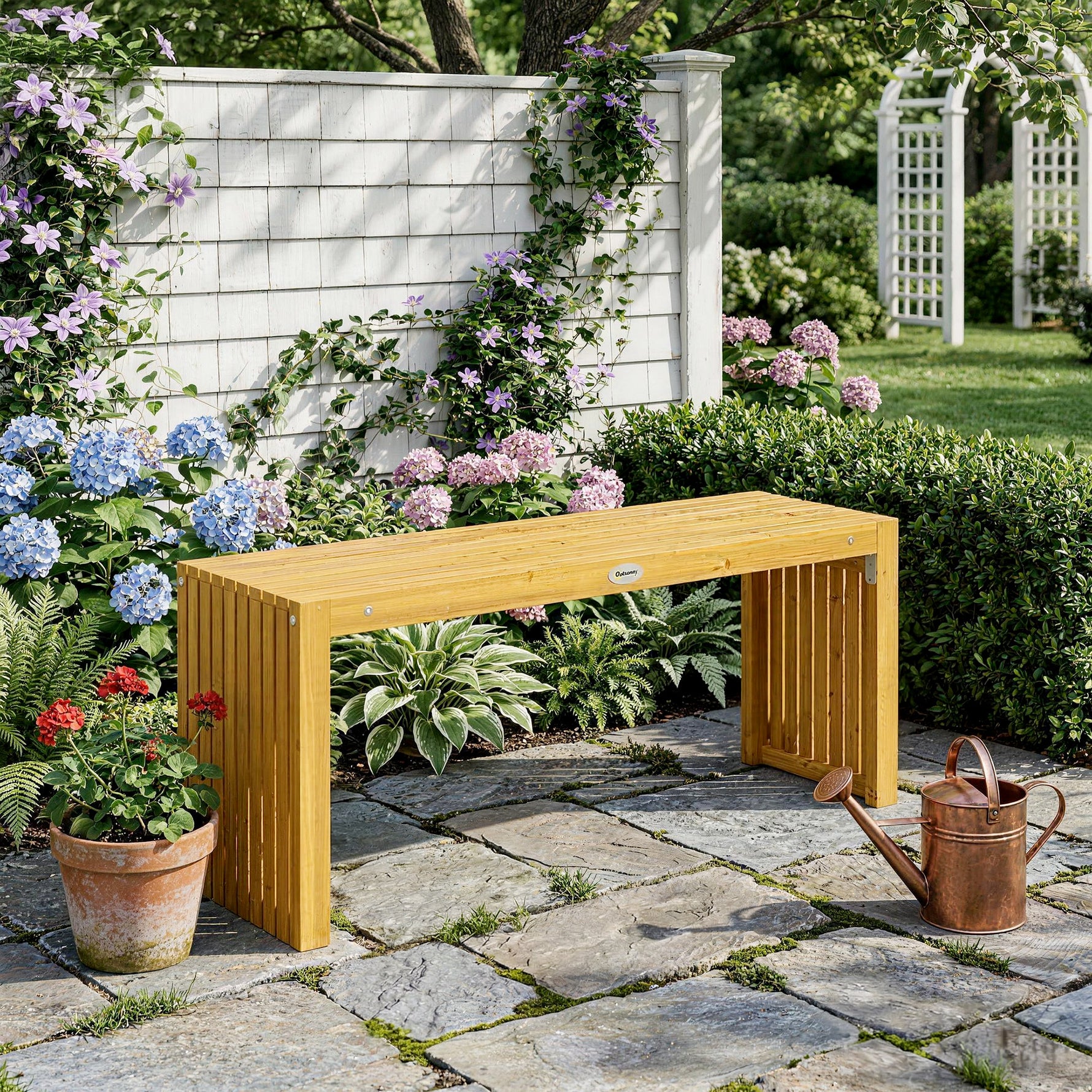 Banc de Jardin en Bois d'Acacia sans Dossier 2 Places, Assise à Lattes Effet Bois, 110x30x45cm, Bois naturel