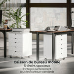 Caisson bureau mobile avec 5 tiroirs, meuble rangement bureau à roulettes pour documents A3/Lettre/A4, blanc