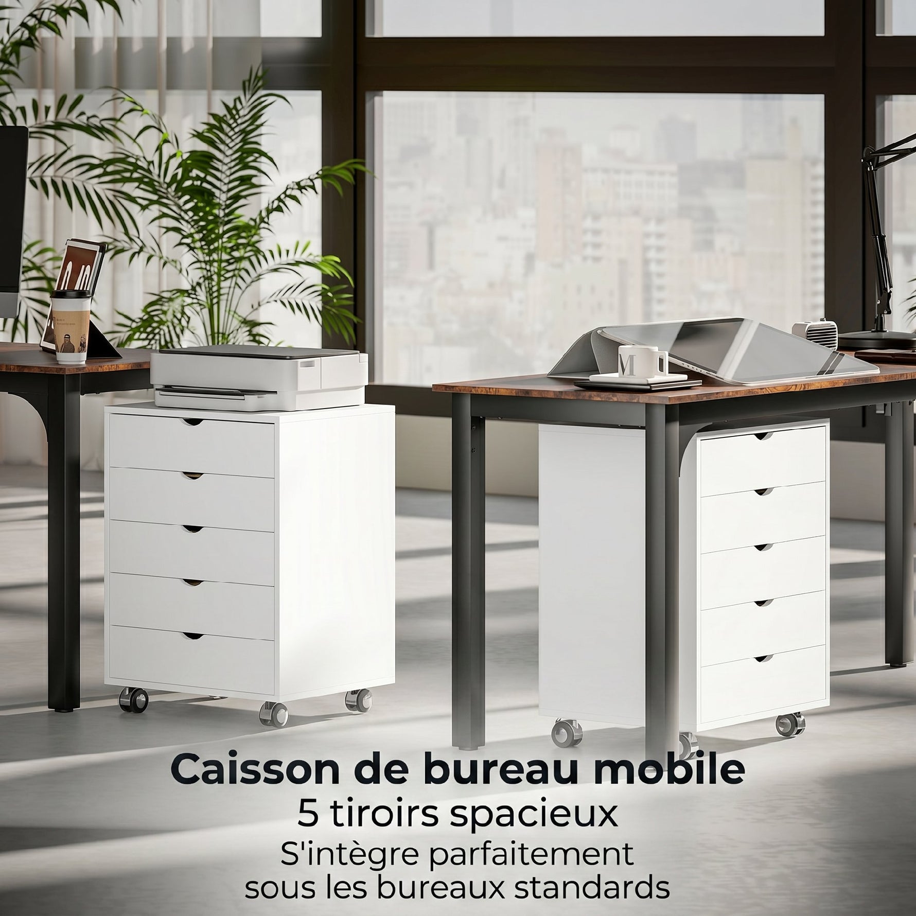 Caisson bureau mobile avec 5 tiroirs, meuble rangement bureau à roulettes pour documents A3/Lettre/A4, blanc
