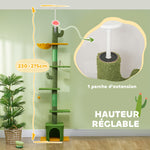 Arbre à chat, hauteur 275cm, 6 niveaux pour chat d'intérieur, du sol au plafond, avec plate-formes, niche, hamac, vert