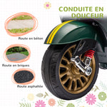 Scooter électrique enfant Vespa 6 V dim. 107L x 47l x 73H cm Musique MP3 Port USB Phare 2 roues d'entraînement - Vert