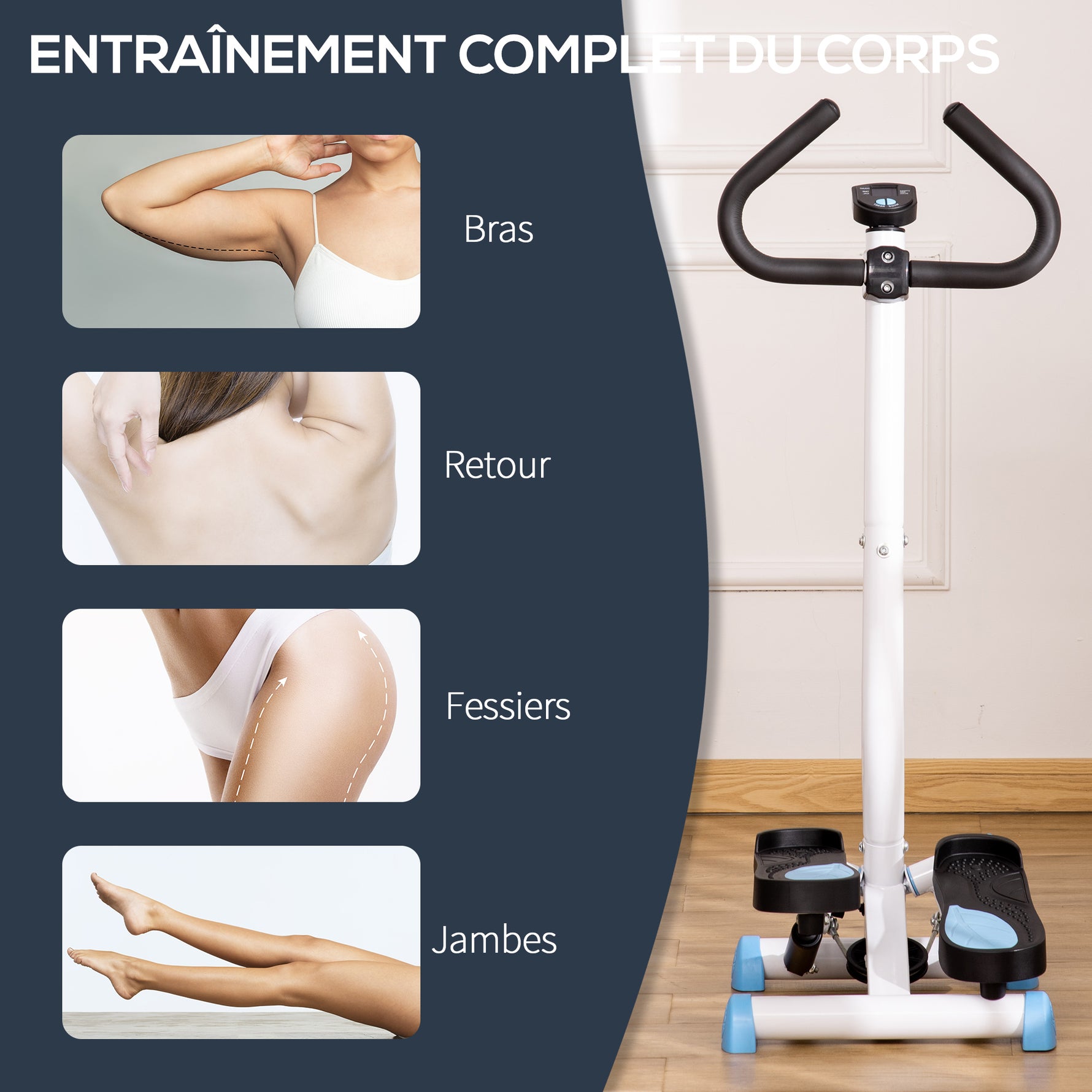 Stepper avec guidon stepper fitness appartement écran LCD résistance réglable exercise hanches jambes lombes pour maison acier blanc bleu noir