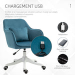 Chaise de bureau velours fauteuil bureau massant coussin lombaire intégré hauteur réglable pivotante 360° bleu