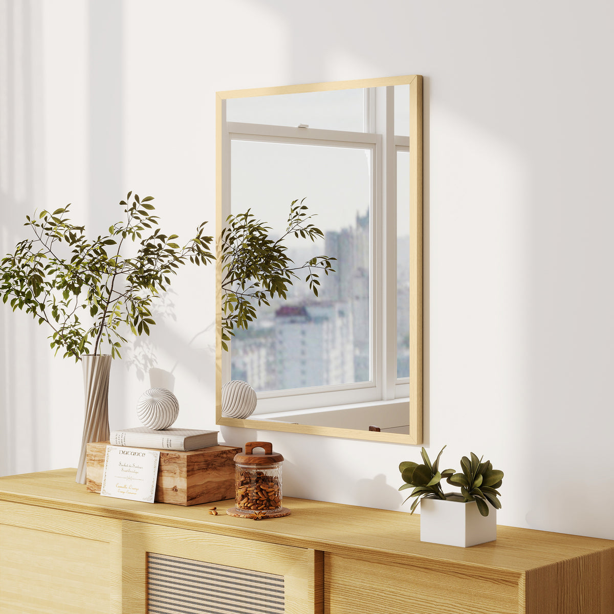 Miroir mural rectangulaire 80 x 60 cm, cadre en bois naturel, idéal pour la salle de bain, salon ou chambre