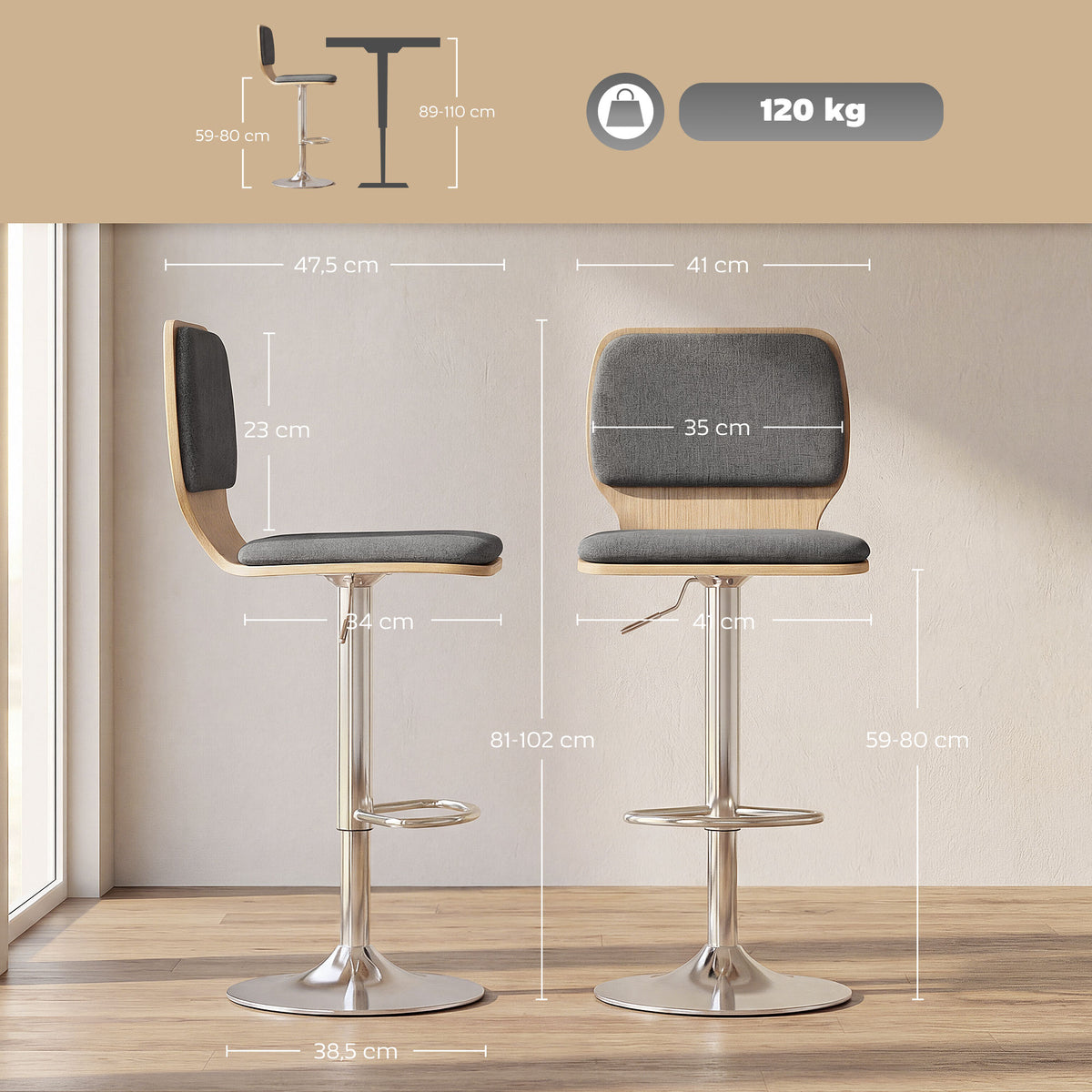 Lot de 2 tabourets de bar chaises de bar réglable en hauteur dossier repose-pieds pivotant 360° 41x47,5x81-102cm gris