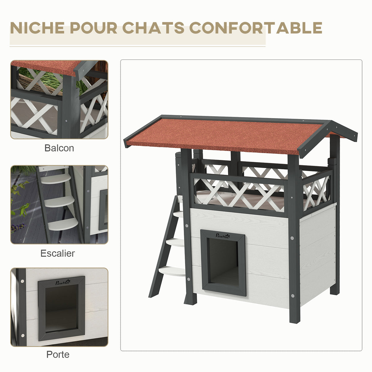 Cabane Chat Extérieur avec Terrasse, Escalier, Toit, Niche Villa, 77 x 50 x 73 cm Blanc et Rouge