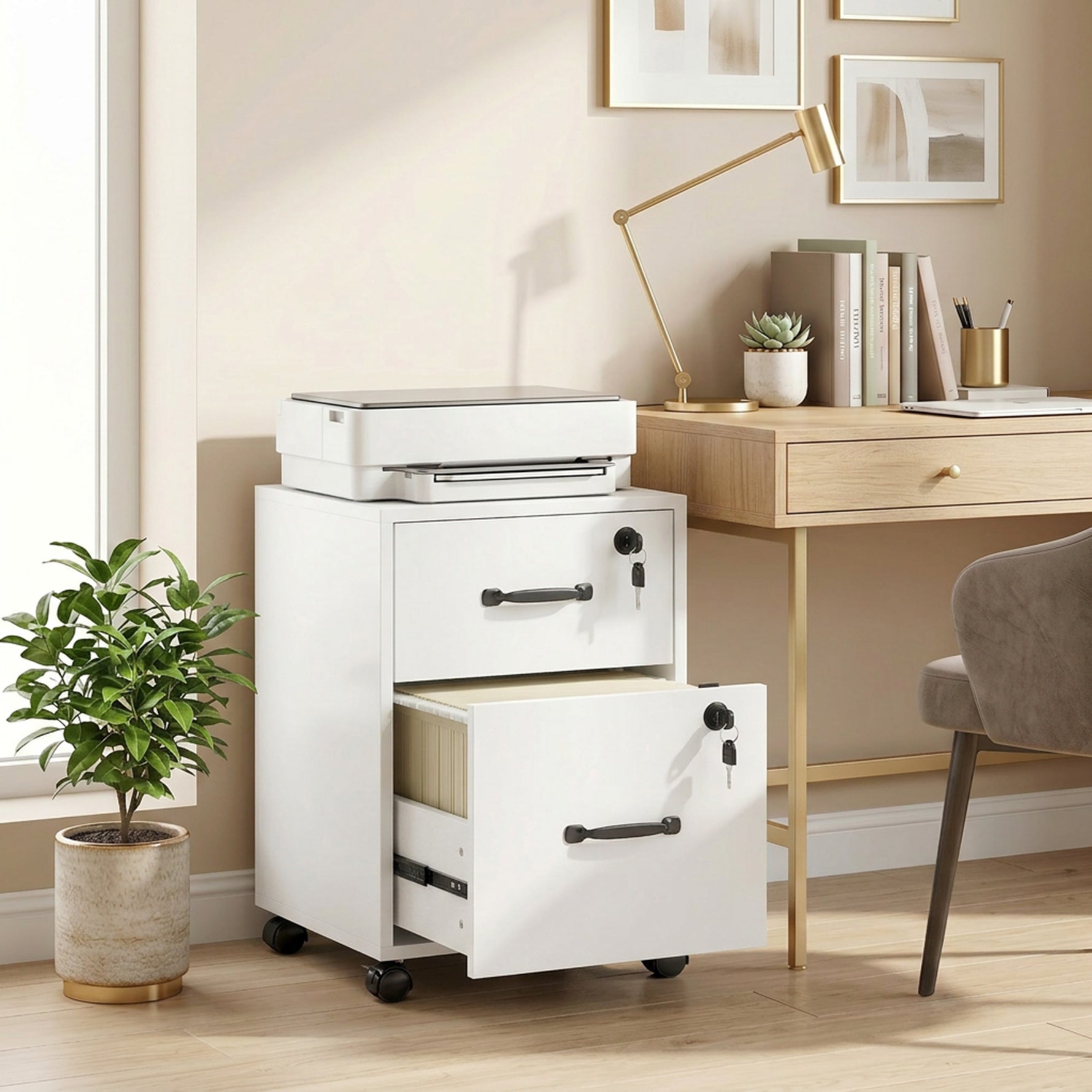 Caisson bureau mobile à 2 tiroirs, meuble rangement bureau sur roulettes pour documents suspendus format lettre, blanc