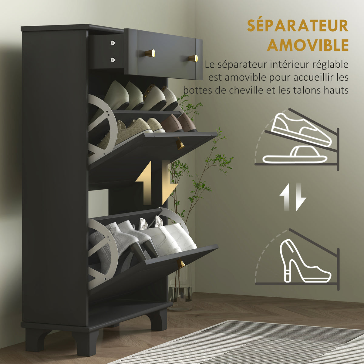 Meuble chaussure entrée étroit avec tiroirs à portes abattants et étagère réglable, 60 x 23,5 x 98,5 cm, noir