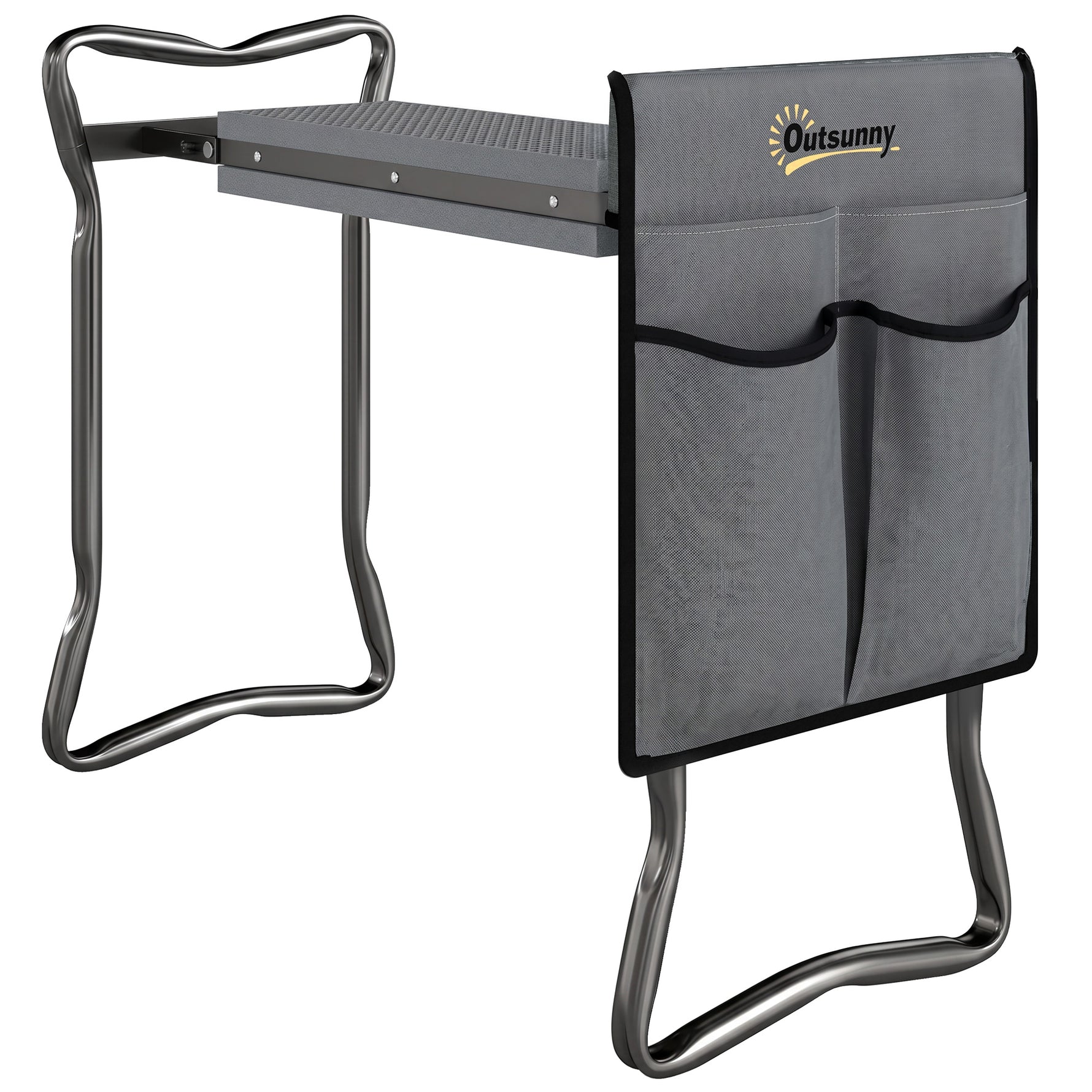 Tabouret de Jardin Pliable 2 en 1, Coussin en Mousse EVA et 4 Poches à Outils Amovible, Charge 150kg, 58x28x49cm, Gris