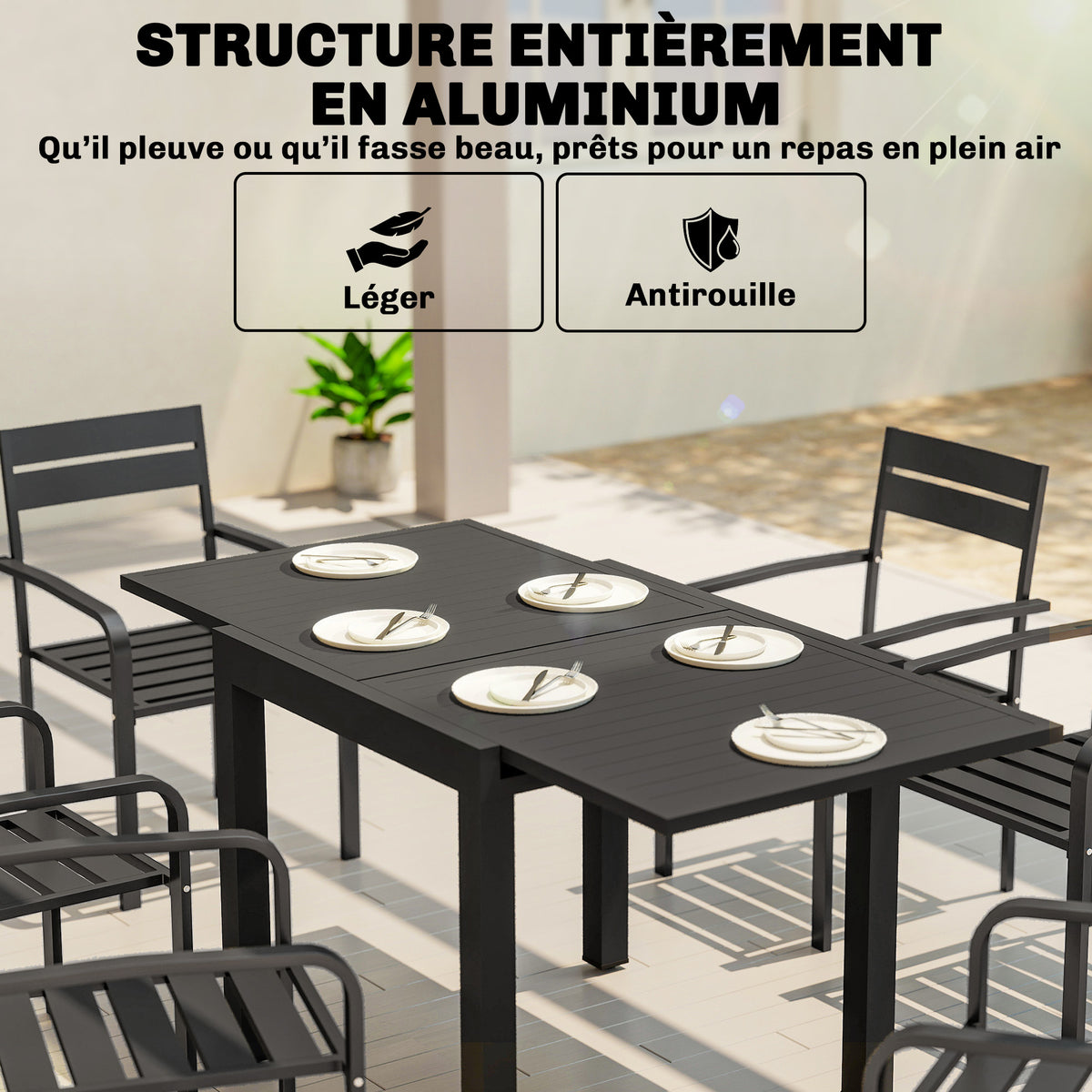 Table de jardin extensible table extérieur pour 4-6 personnes avec rallonge auto-stockée aluminium 80-160 x 80 cm noir