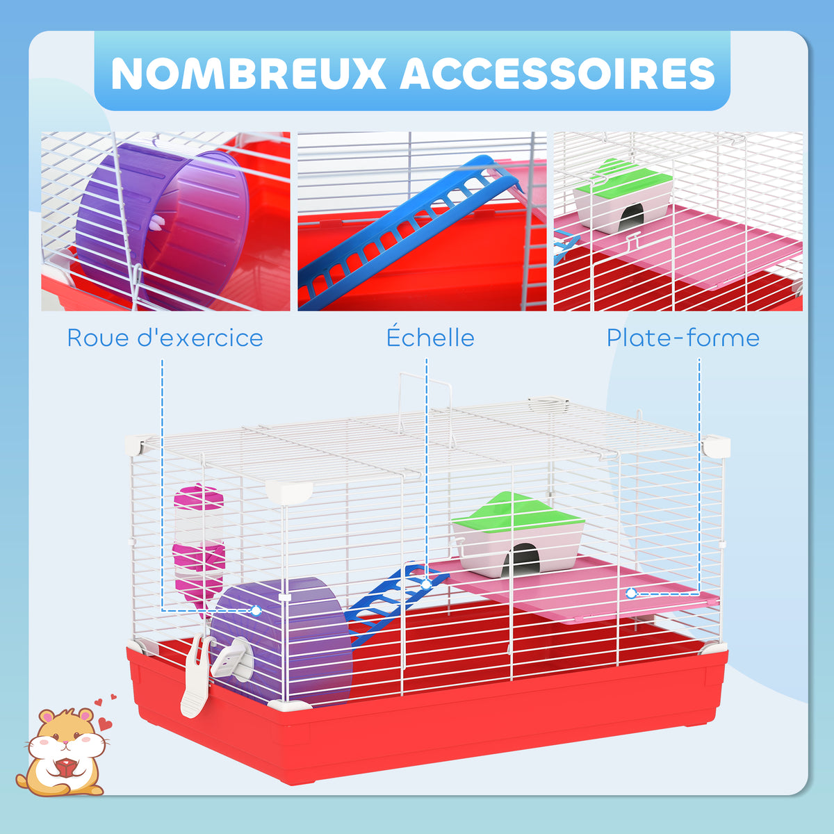 Cage hamster, cage rongeur à 2 niveaux, base amovible nettoyage facile, cabane, roue d'exercice, 47 x 30 x 27 cm, blanc