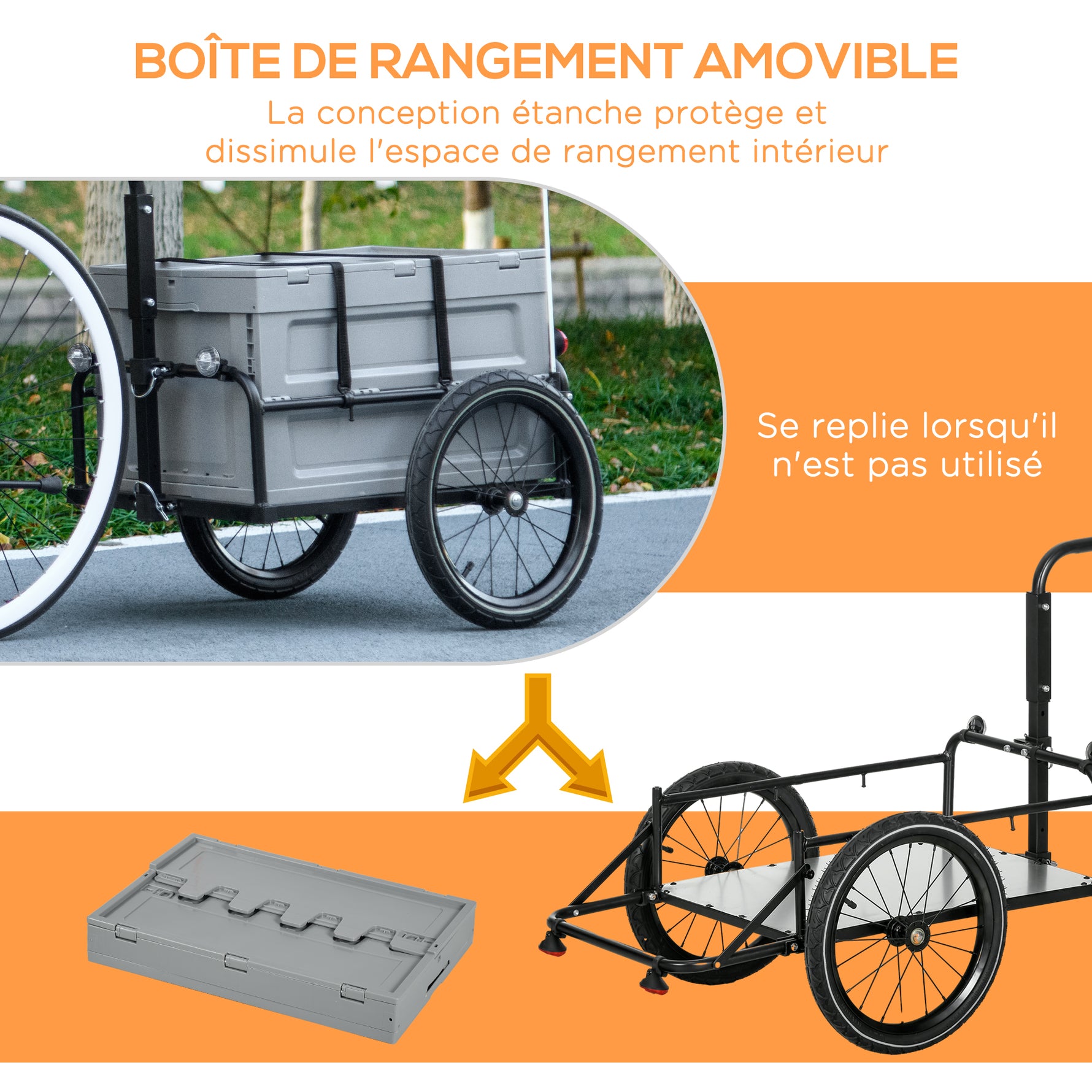 Remorque à vélo avec coffre de rangement amovible et pliable de 65L, réflecteurs de sécurité, charge max. 40KG, gris