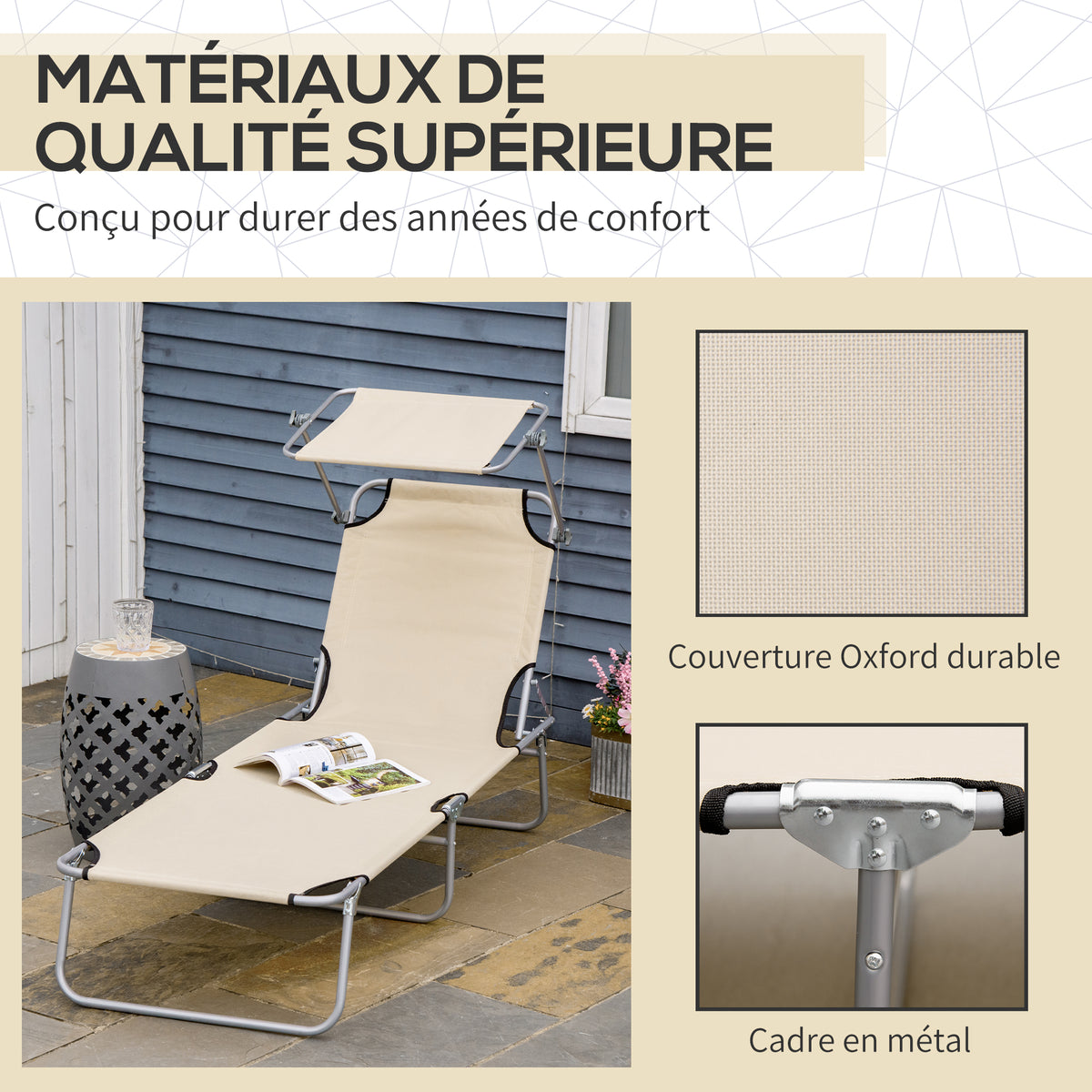 Transat Bain de Soleil Pliable Chaise Longue Pliante Dossier Inclinable Multi-positions et Pare-Soleil réglable