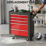 Carrello portautensili su ruote, Cassettiera da officina in acciaio a 5 cassetti bloccabile con 2 chiavi, 61,5 x 33 x 82,5 cm, rosso