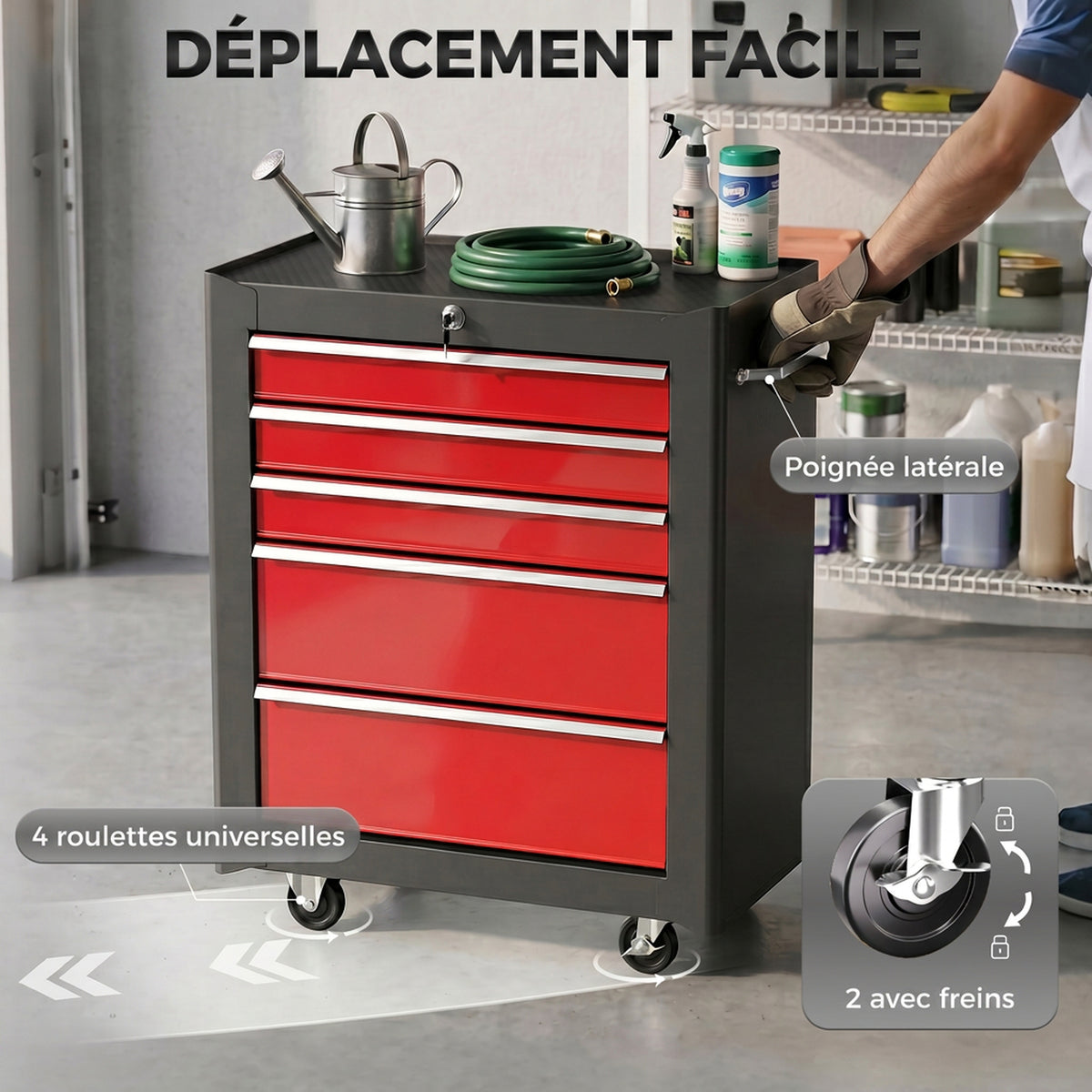 Carrello portautensili su ruote, Cassettiera da officina in acciaio a 5 cassetti bloccabile con 2 chiavi, 61,5 x 33 x 82,5 cm, rosso