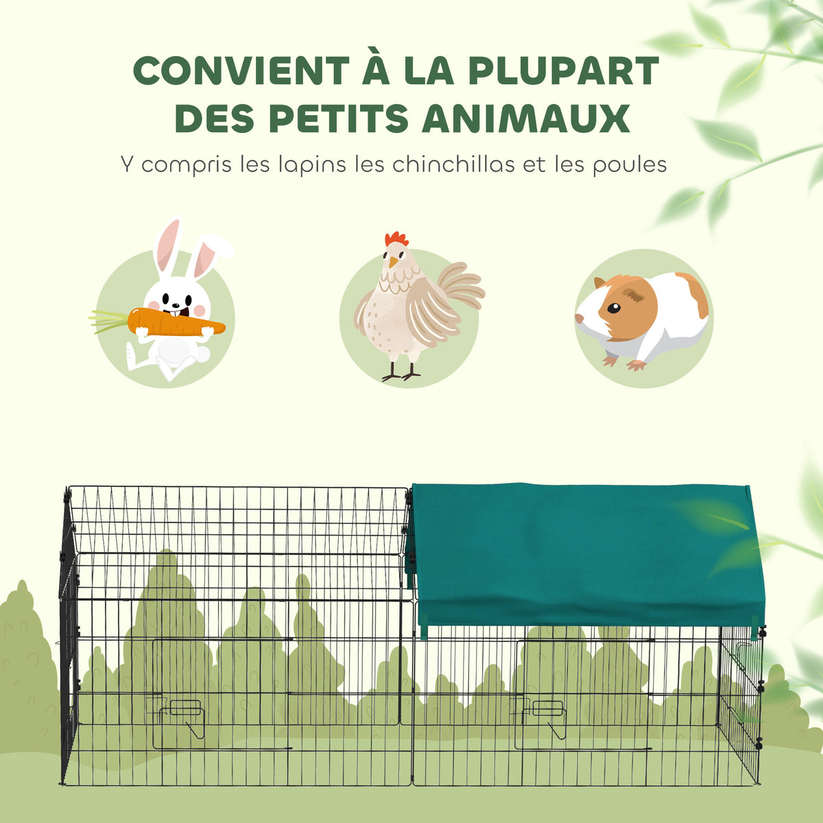 Parc enclos cage lapin extérieur structure acier avec protection solaire et portes verrouillables 185 x 75 x 75 cm vert