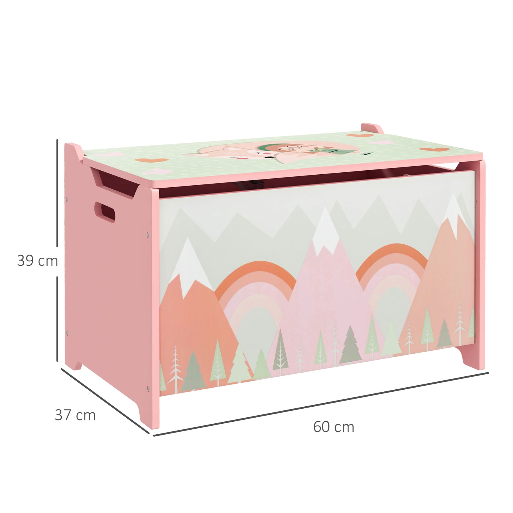 Coffre à jouet enfant coffre de rangement enfant couvercle rabattable motif de forêt coins arrondis 60 x 37 x 39 cm rose