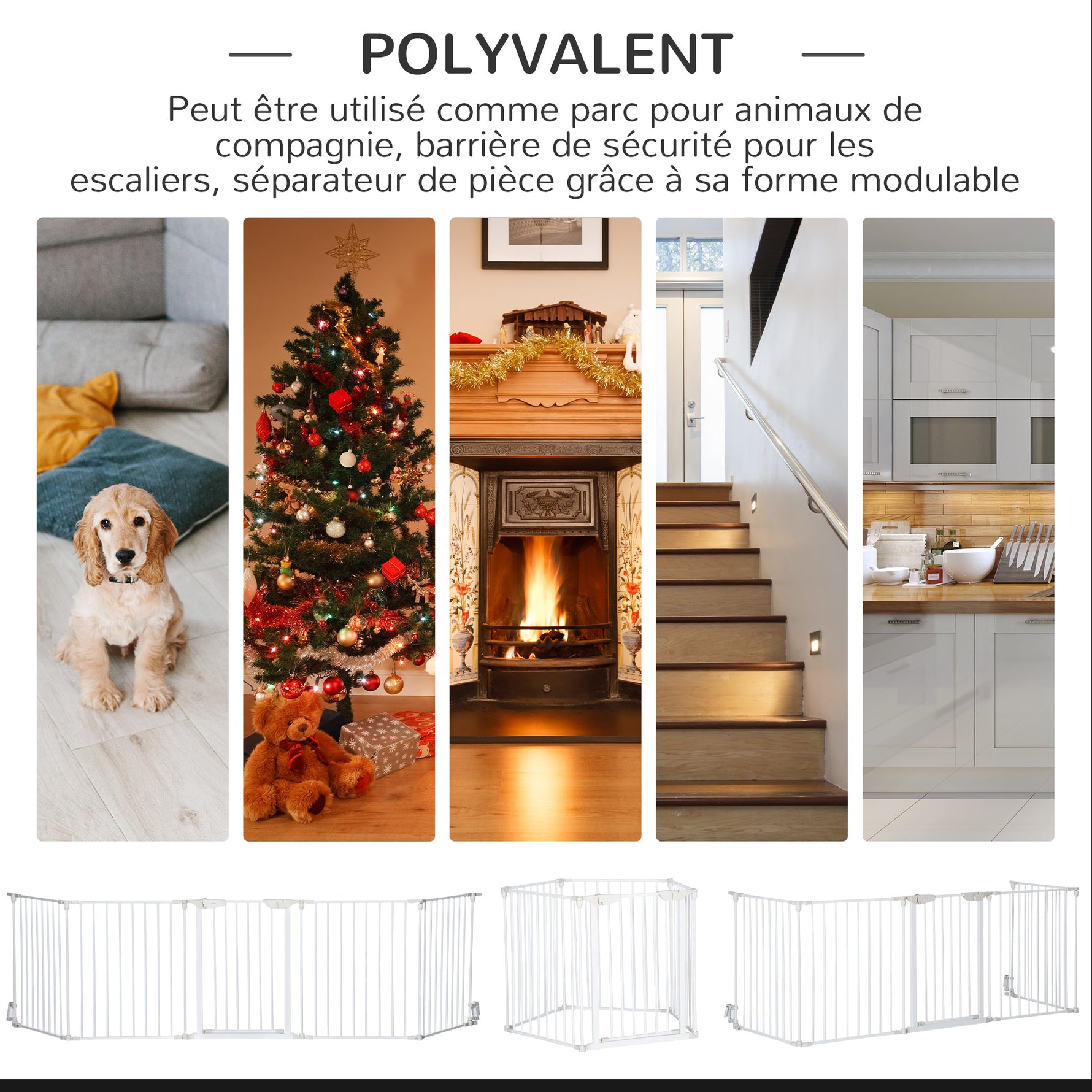 Barrière de sécurité parc enclos chien modulable pliable porte intégrée 300L max. x 74,5H cm métal PP blanc
