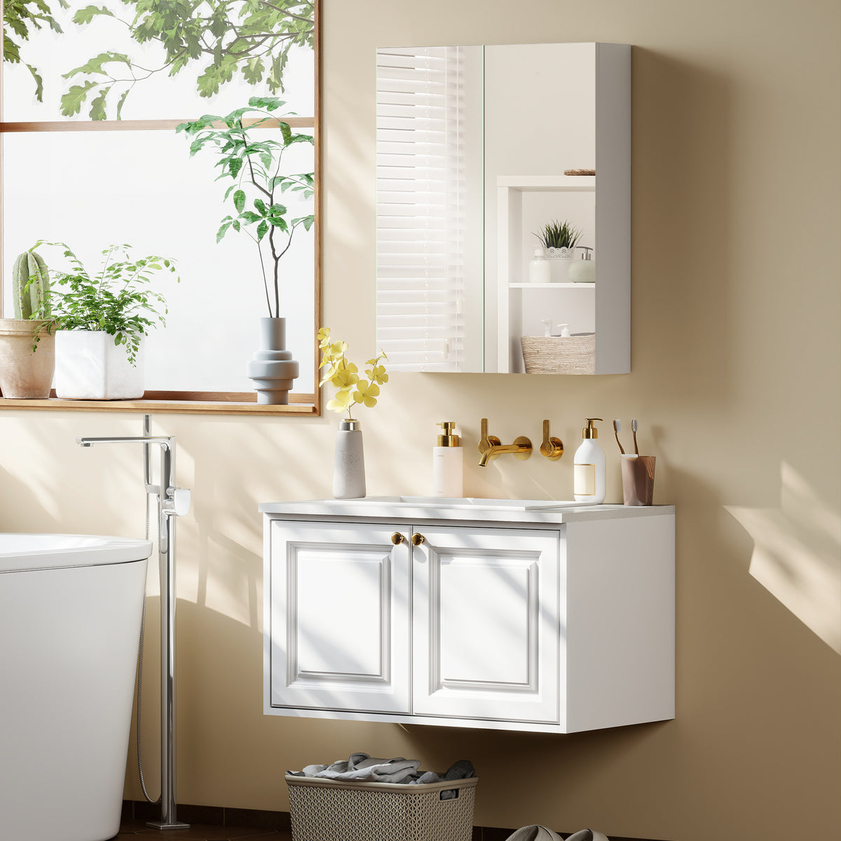 Armoire avec Miroir en Bois Rangement Salle de Bain Fermeture Porte Tampon MDF