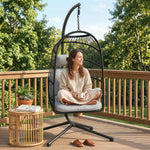 Fauteuil Œuf Suspendu Pliable avec Support Coussin 15cm et Appui-tête Gain de Place Résine Tressée 101x105x196cm Gris