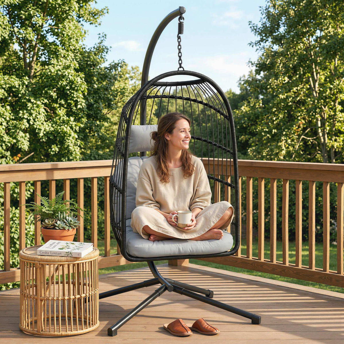 Fauteuil Œuf Suspendu Pliable avec Support Coussin 15cm et Appui-tête Gain de Place Résine Tressée 101x105x196cm Gris