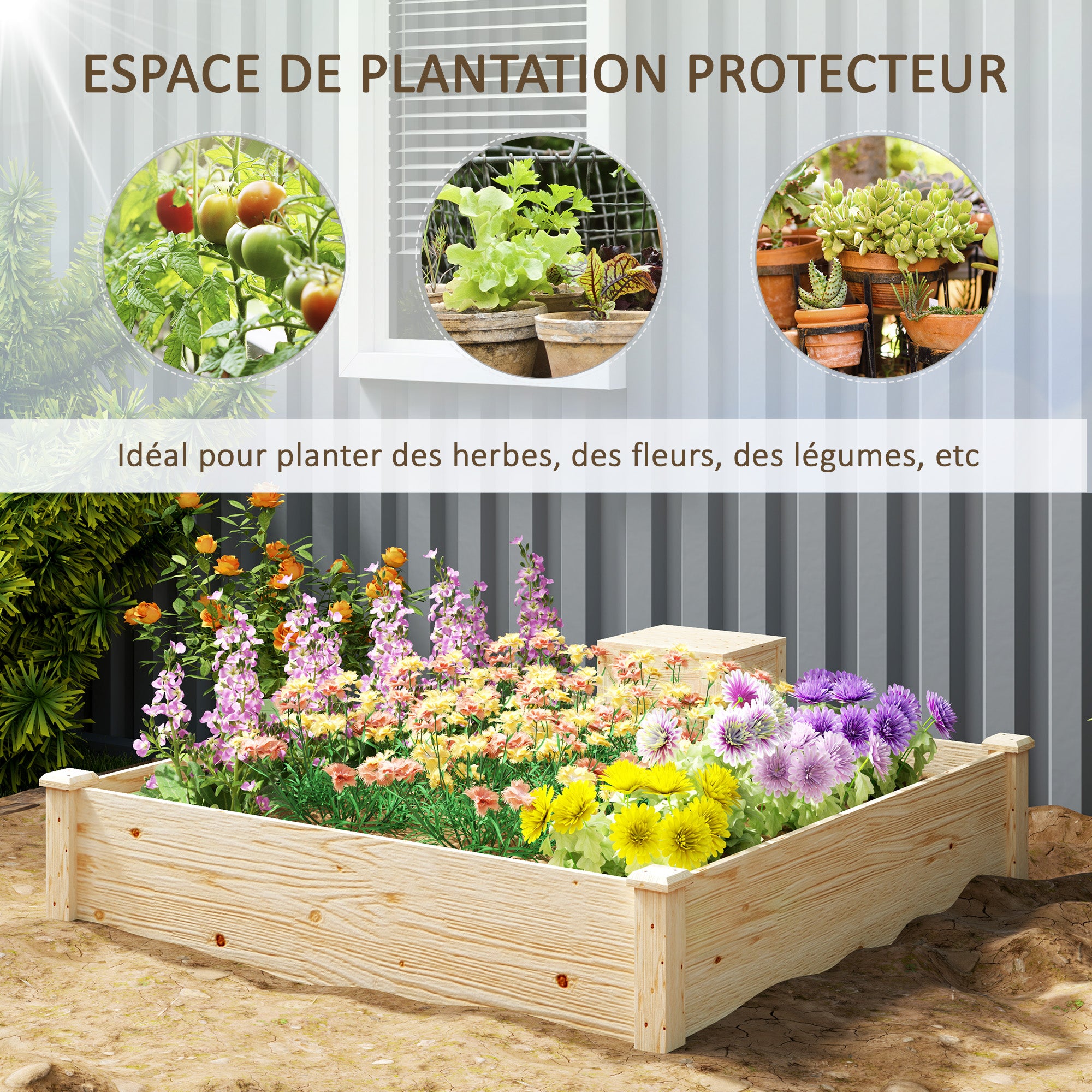 Vierkante houten moestuinbak voor buiten met geïntegreerde compostbak, open bodem, design, 123 x 123 x 25,5 cm, naturel hout