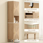 Armoire salle de bain haute meuble de rangement colonne avec tiroir coulissant silencieux 2 placards 41,5x30x168cm chêne