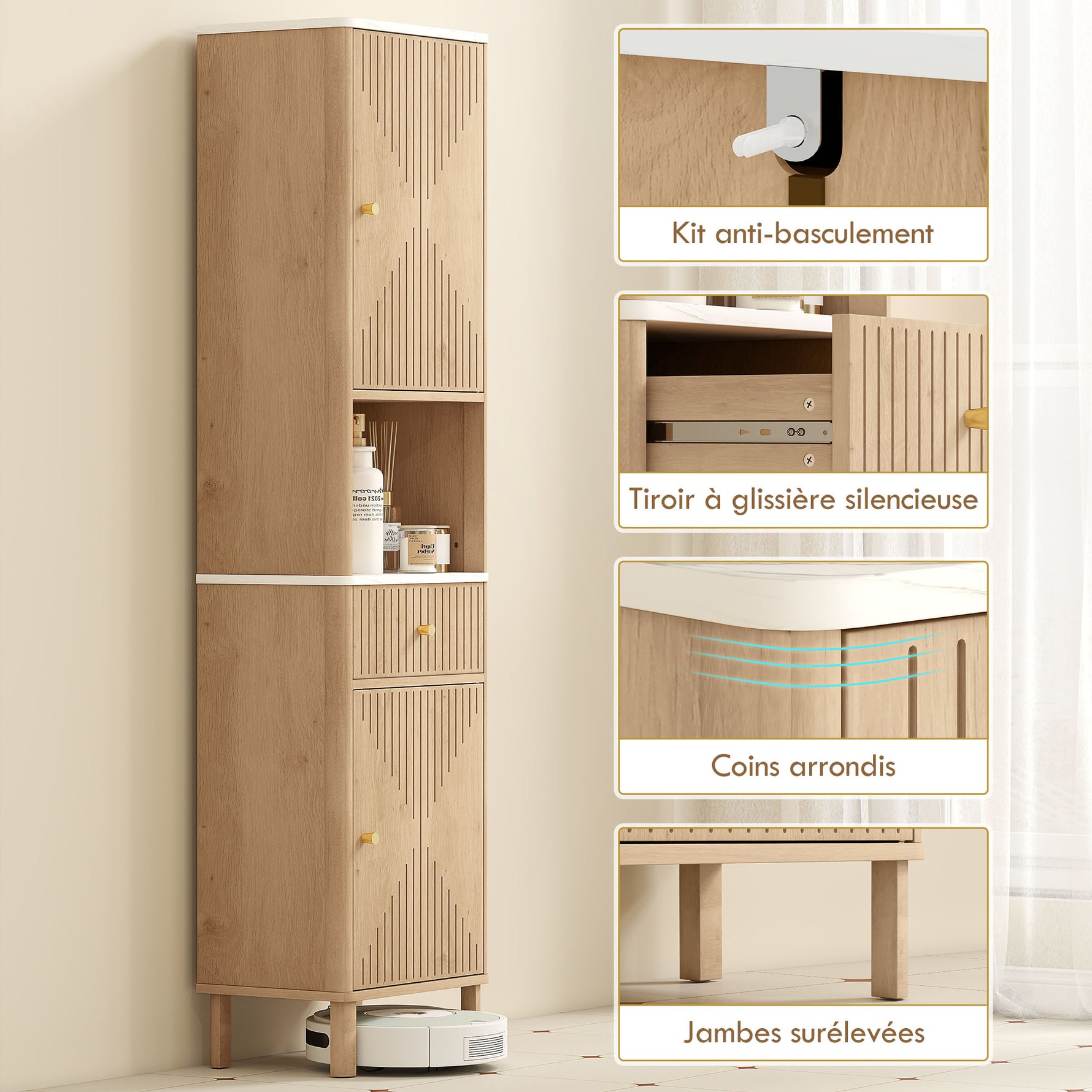 Armoire salle de bain haute meuble de rangement colonne avec tiroir coulissant silencieux 2 placards 41,5x30x168cm chêne