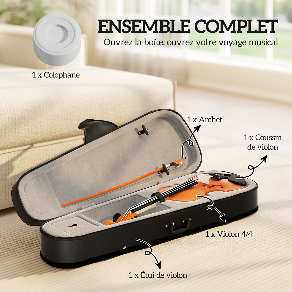 Violon 4/4 ensemble de violon en bois massif pour adultes et débutants avec étui léger et portable 60 x 21 cm marron