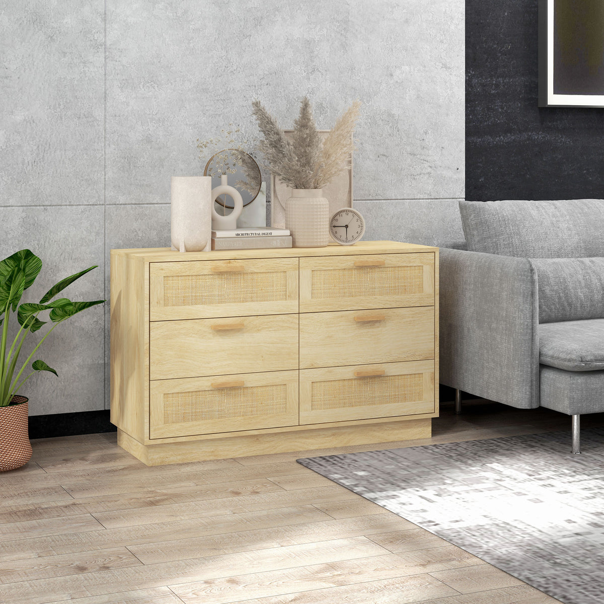 Commode design bohème en rotin avec 6 tiroirs, meuble de rangement pour le salon, le couloir, l'entrée, chêne
