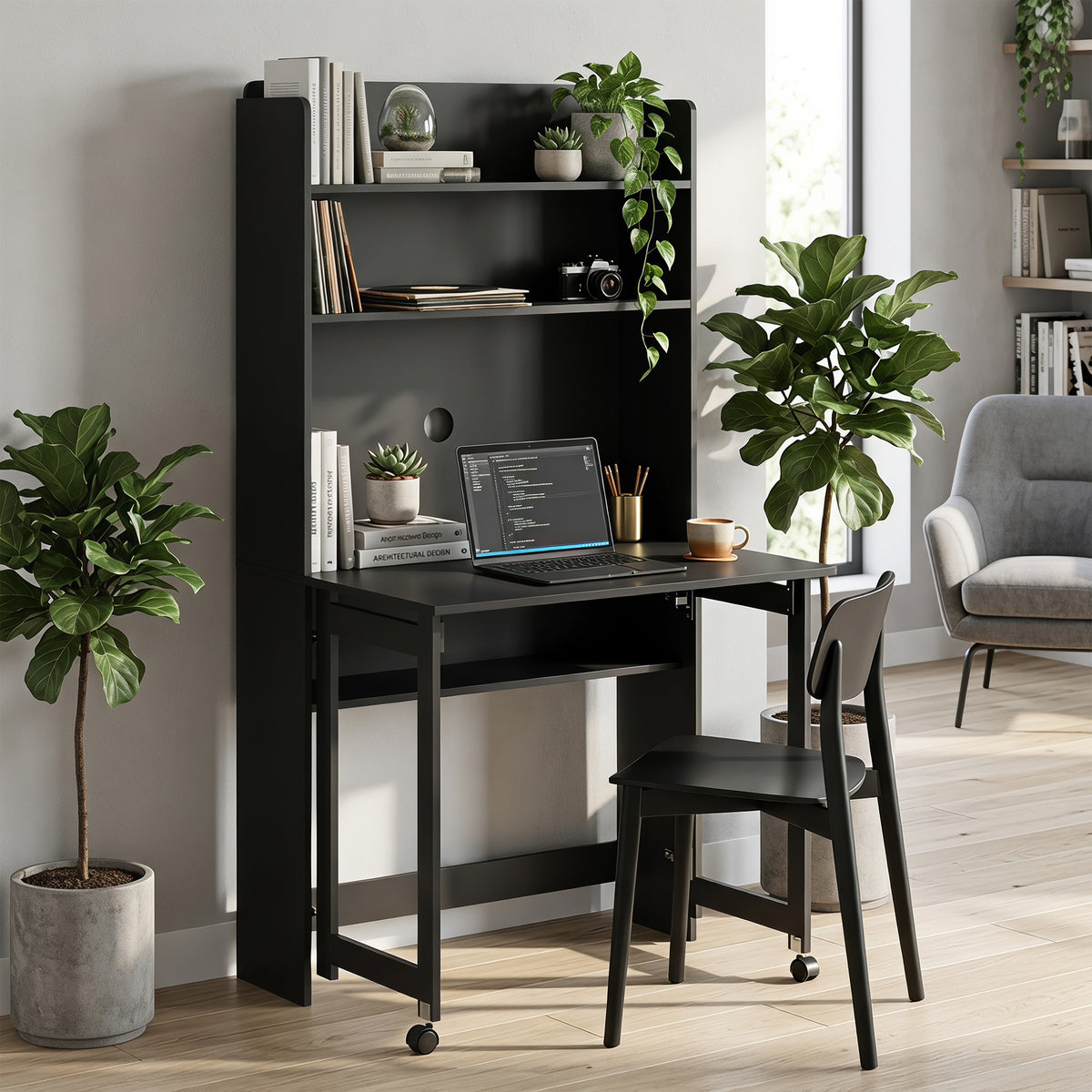 Bureau Informatique avec Étagères de Rangement, Plateau Rabattable, 2 Roulettes, pour Chambre, Salon, 80x69x155cm, Noir