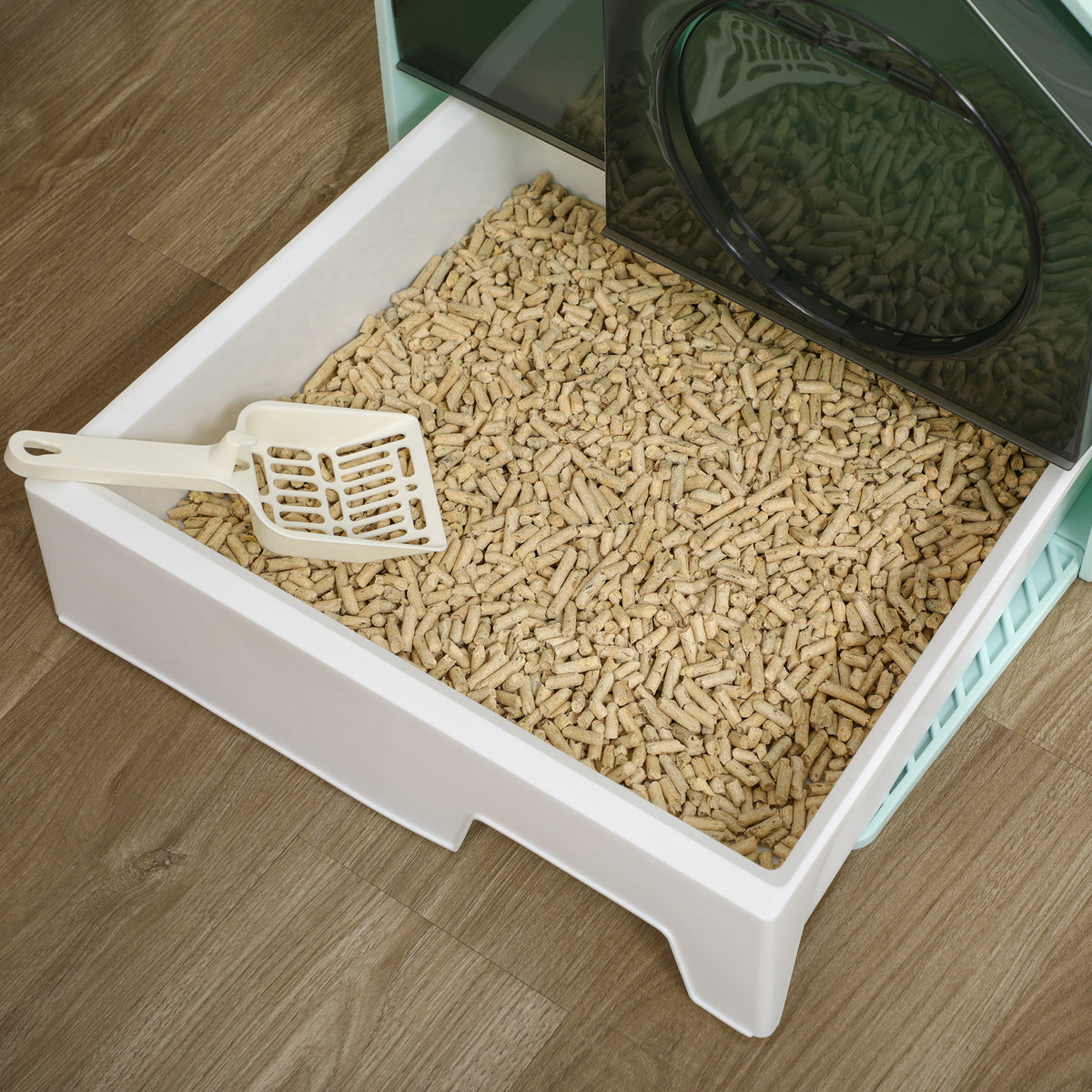 Maison de toilette bac à litière pour chat design maisonnette avec pelle, filtre et tapis dim. 47L x 45l x 42H cm bleu