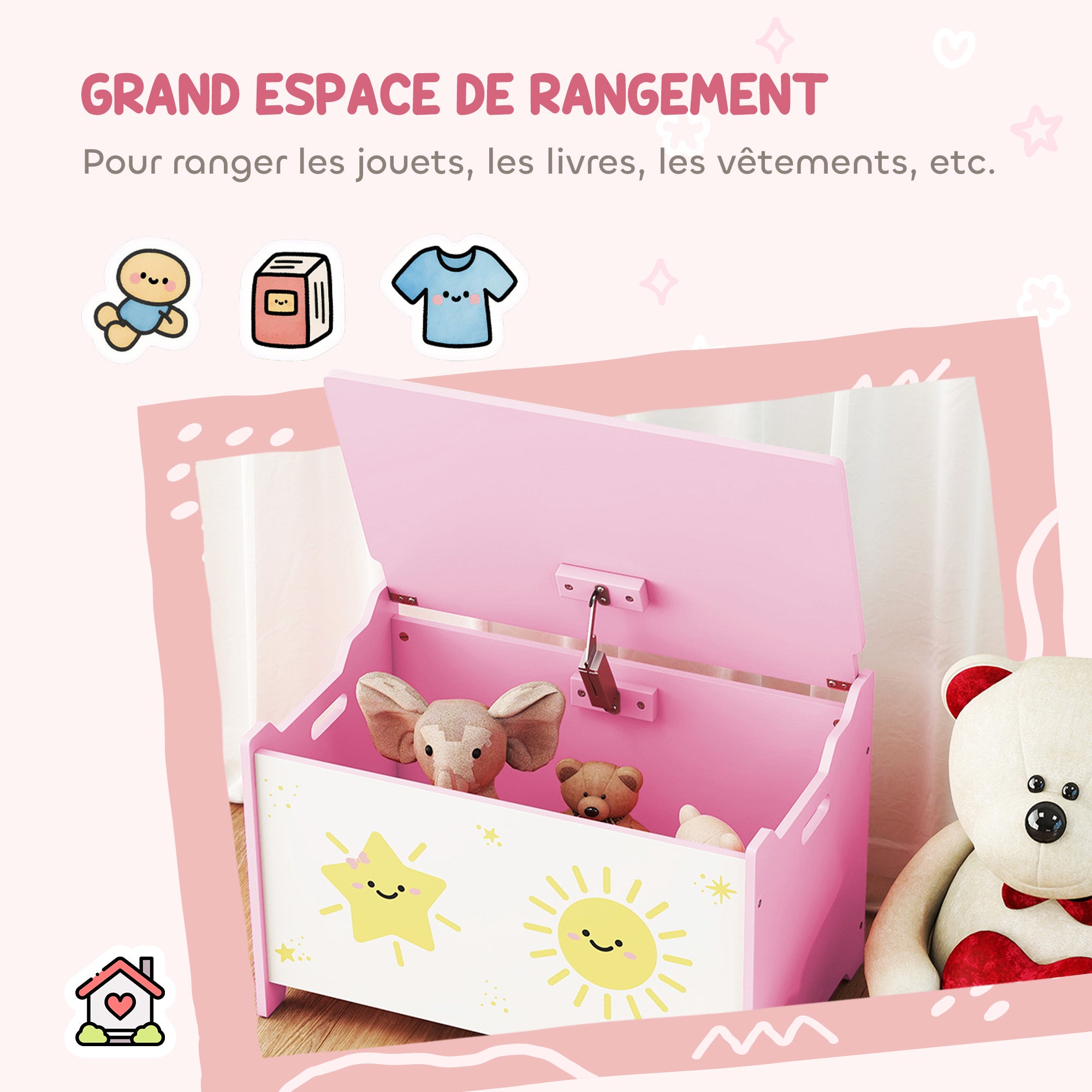 Coffre à jouets avec couvercle, coffre de rangement enfant avec charnières de sécurité, 60 x 37 x 39 cm, rose