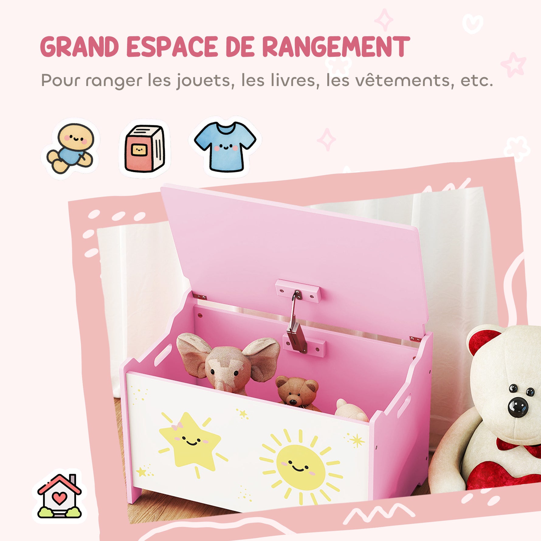 Coffre à jouets avec couvercle, coffre de rangement enfant avec charnières de sécurité, 60 x 37 x 39 cm, rose