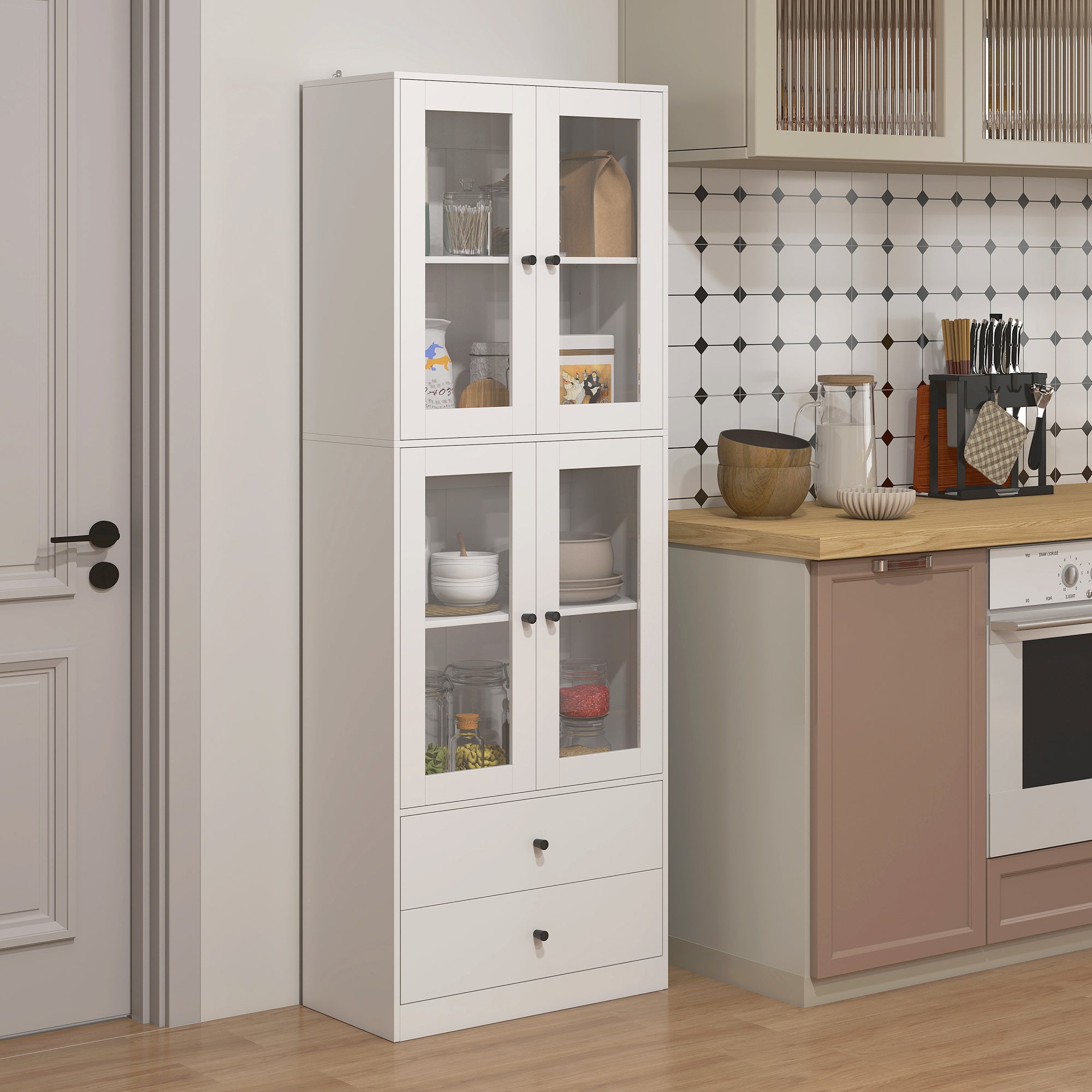 Aparador alto de cocina, armario de cocina con puertas de cristal, cajones y estantes ajustables, 59x30x170cm, blanco brillante