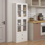 Buffet haut cuisine, armoire de cuisine avec portes vitrées, tiroirs et étagères réglables, 59x30x170cm, blanc brillant