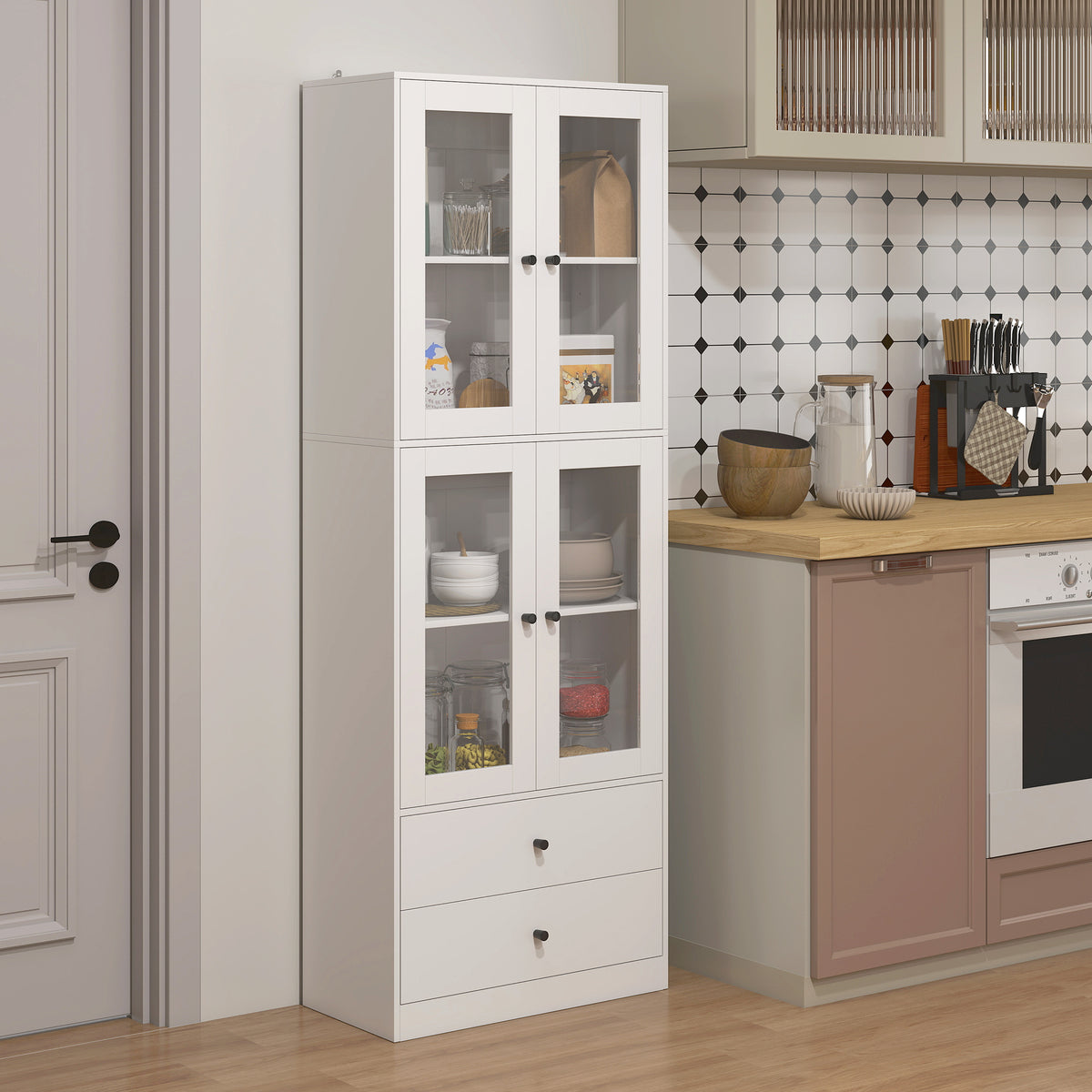 Buffet haut cuisine, armoire de cuisine avec portes vitrées, tiroirs et étagères réglables, 59x30x170cm, blanc brillant