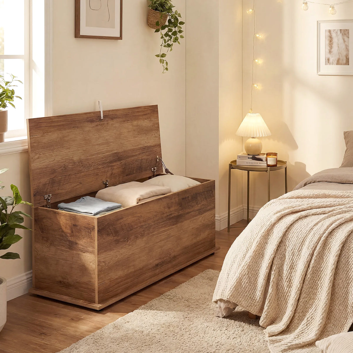 Coffre de rangement, banc de rangement avec couvercle rabattable et charnières de sécurité, 100 x 40 x 40 cm, marron