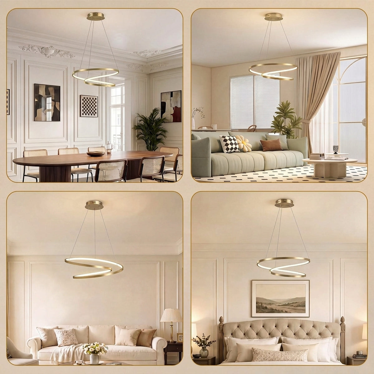 Suspension Luminaire avec 2 Anneaux, Lustre Suspendu LED à 3 Températures de Couleur, Hauteur Réglable, Doré