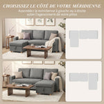 Canapé d'angle convertible canapé lit canapé 3 places modulable avec méridienne réversible, coffre de rangement intégré et 3 coussins de dossier, tissu aspect lin, gris