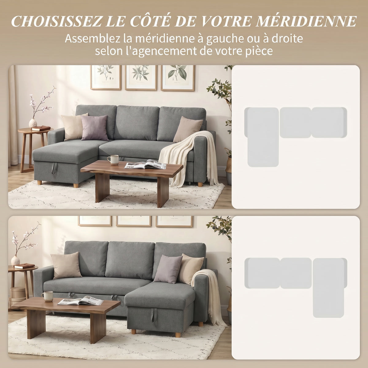 Canapé d'angle convertible canapé lit canapé 3 places modulable avec méridienne réversible, coffre de rangement intégré et 3 coussins de dossier, tissu aspect lin, gris