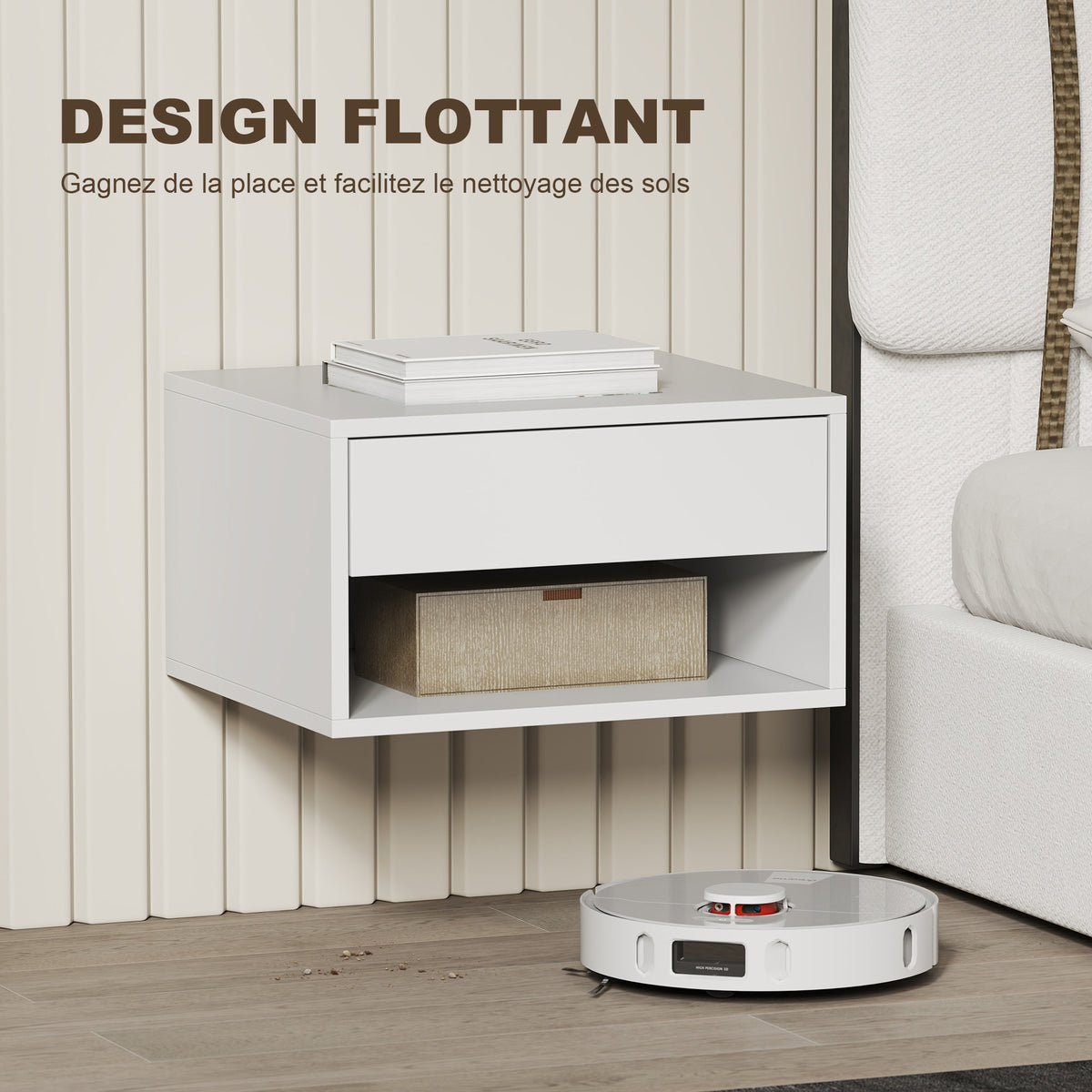 Lot de 2 tables de chevet murales, tables de nuit, tiroir, compartiment ouvert, plateau, 37 x 32 x 21 cm, blanc