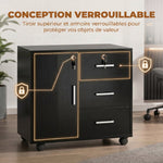 Caisson bureau meuble de rangement verrouillable avec 3 tiroirs et étagère réglable, roulettes, 40 x 60 x 56 cm, noir