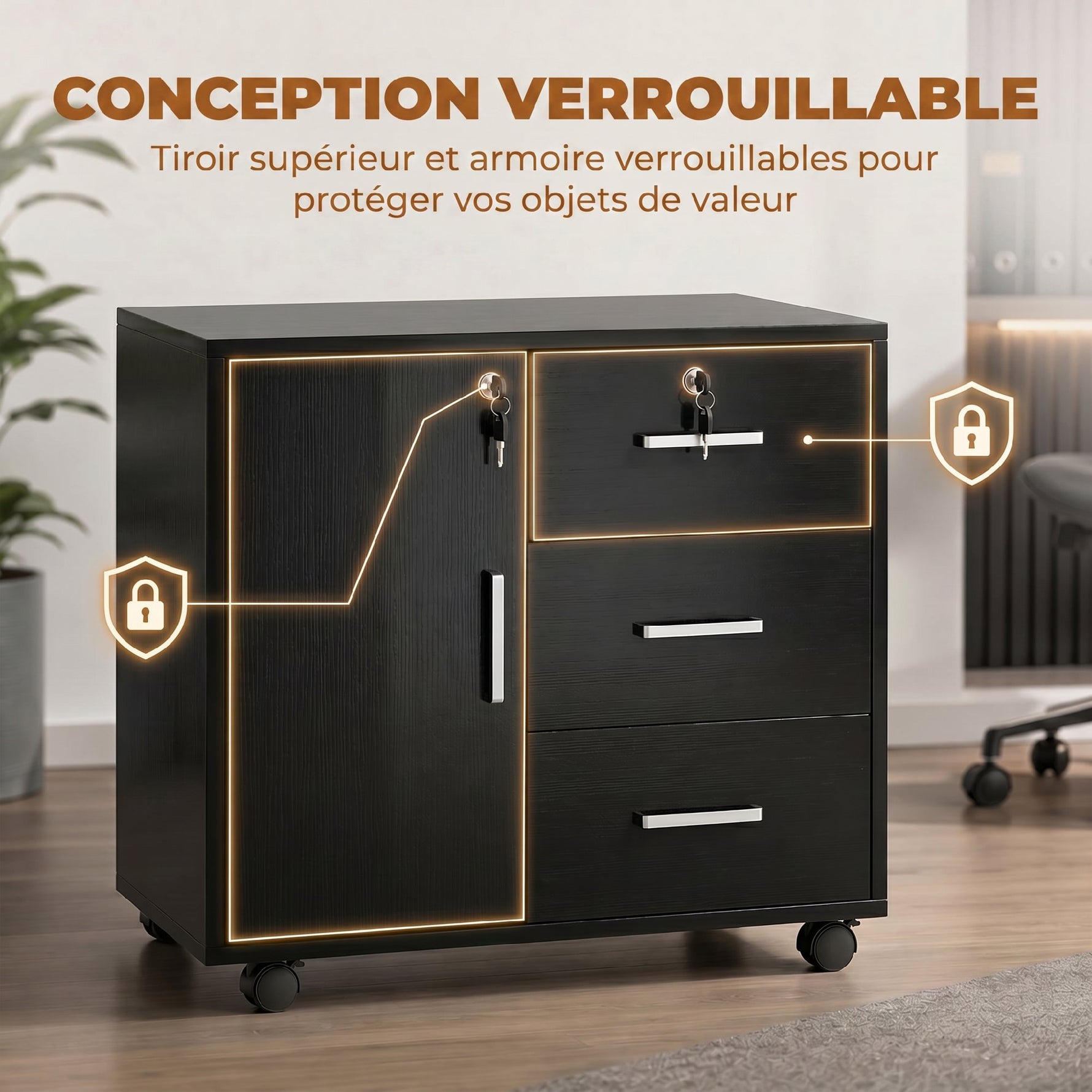 Caisson bureau meuble de rangement verrouillable avec 3 tiroirs et étagère réglable, roulettes, 40 x 60 x 56 cm, noir