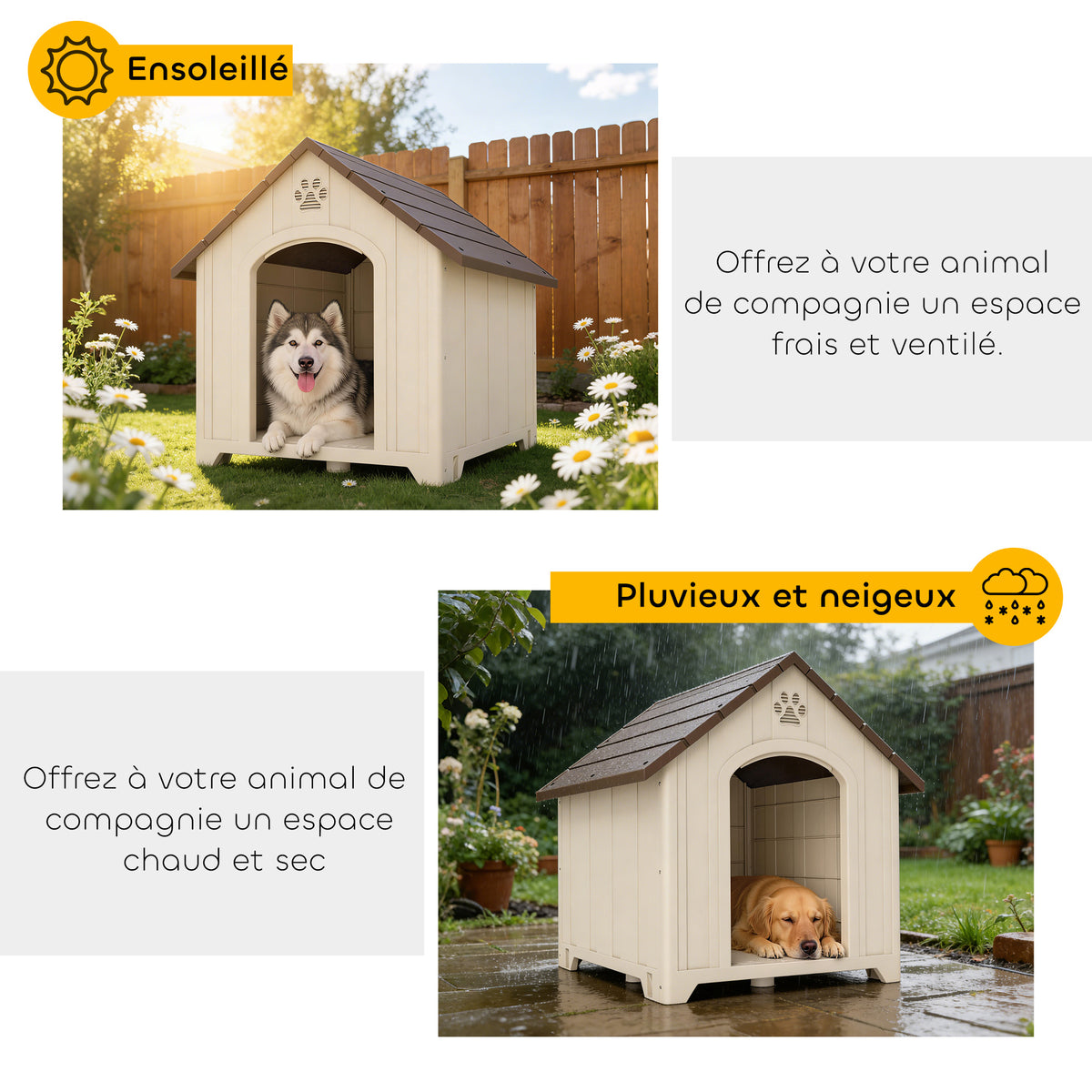 Hundehütte für den Außenbereich, wetterfeste Hundehütte aus Polypropylen, belüftet, erhöhter Boden, beige