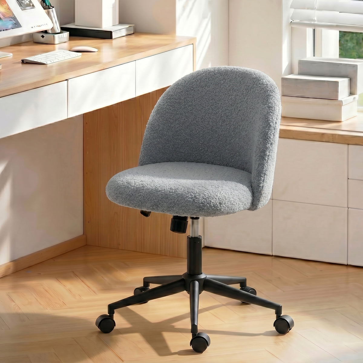 Chaise de Bureau Pivotante en Fourrure Teddy, Hauteur Réglable, Roulettes, Mousse Haute Résilience, Gris