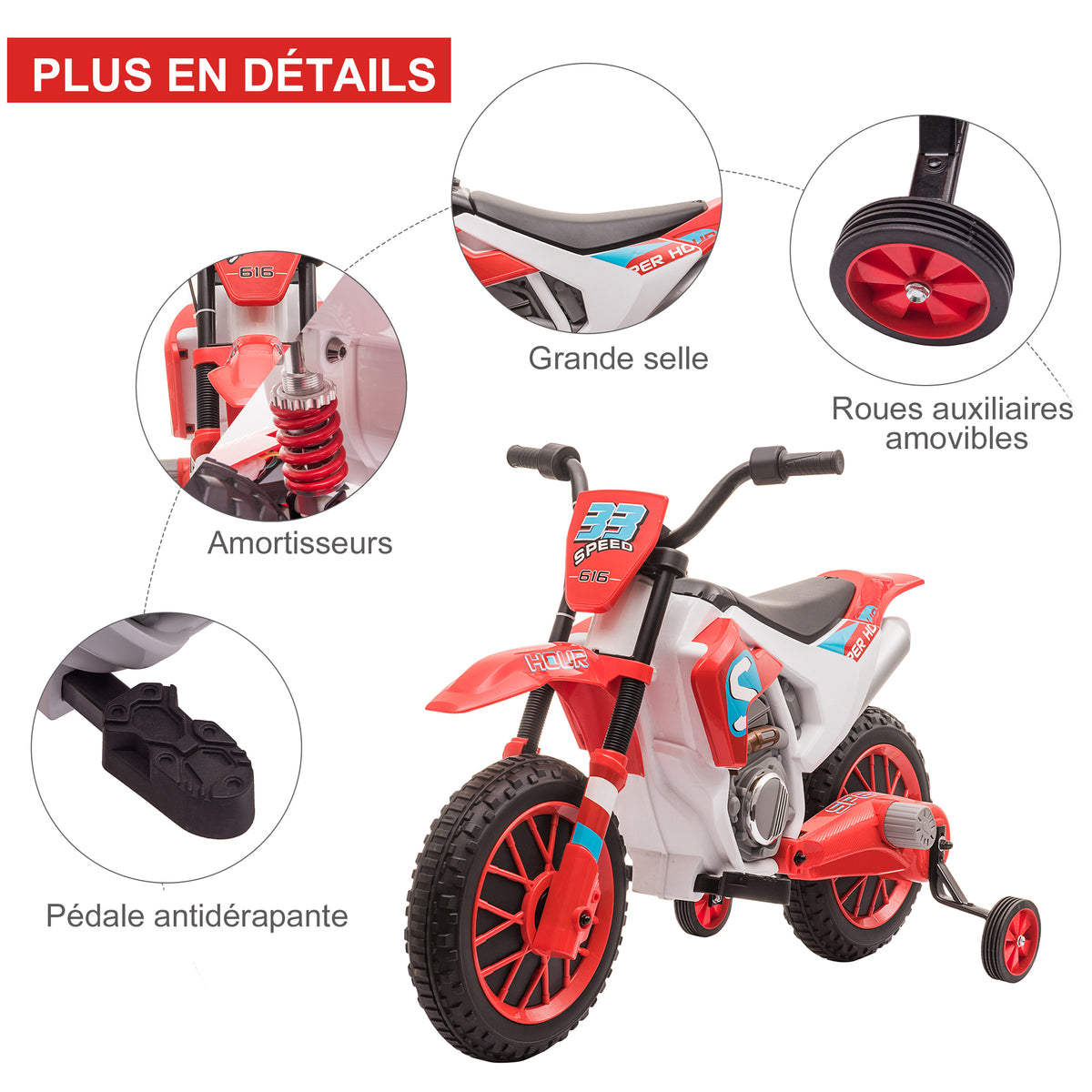 Moto Cross électrique Enfant 3 à 5 Ans 12 V 3-8 Km/h avec roulettes latérales Amovibles dim. 106,5L x 51,5l x 68H cm Rouge